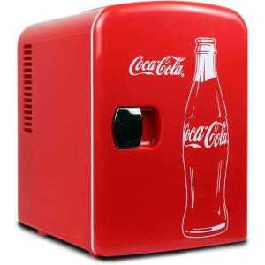 imageCocaCola Classic Coke Bottle 4L Mini Fridge w 12V DC and 110V AC Cords 6 Can Portable Cooler Personal Travel Refrigerator for Snacks Lunch Drinks Cosmetics Desk Home Office Dorm Red