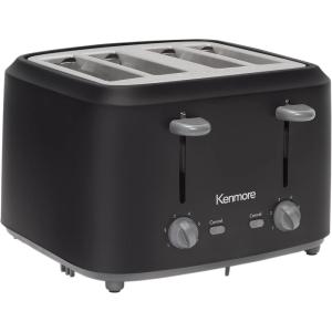 imageKenmore 4Slice Toaster with Dual Controls Matte Black and Grey Wide Slots SelfAdjusting Bread Guides Adjustable Browning 6 Shade Settings Toast Bagels Waffles English Muffins Small
