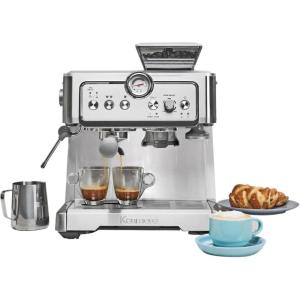 imageKenmore Espresso Machine  Automatic Coffee Maker With Manual Tamper Auto Cleaning Milk Steamer ampamp Frother Bean Grinder Make Professional Barista Style Cappuccino Caf Latte Stainless SteelManualTamping