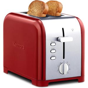 imageKoolatron Kenmore 2Slice Toaster Stainless Steel Red and Silver with Extra Wide Slots SelfAdjusting Bread Guides Defrost Bagel and Removable Crumb Tray Small KKTS2SR AZRed