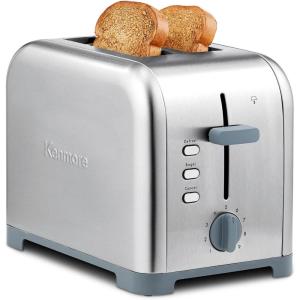 imageKoolatron Kenmore 2Slice Toaster Stainless Steel Red and Silver with Extra Wide Slots SelfAdjusting Bread Guides Defrost Bagel and Removable Crumb Tray Small KKTS2SR AZStainless Steel