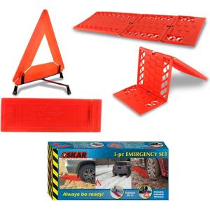 imageKoolatron Oskar Emergency Roadside Kit  3Piece Vehicle Safety Set with Folding Tire Traction Mats ampamp Reflective Warning Triangle  Car SUV Truck Essentials for Snow Ice Mud Sand